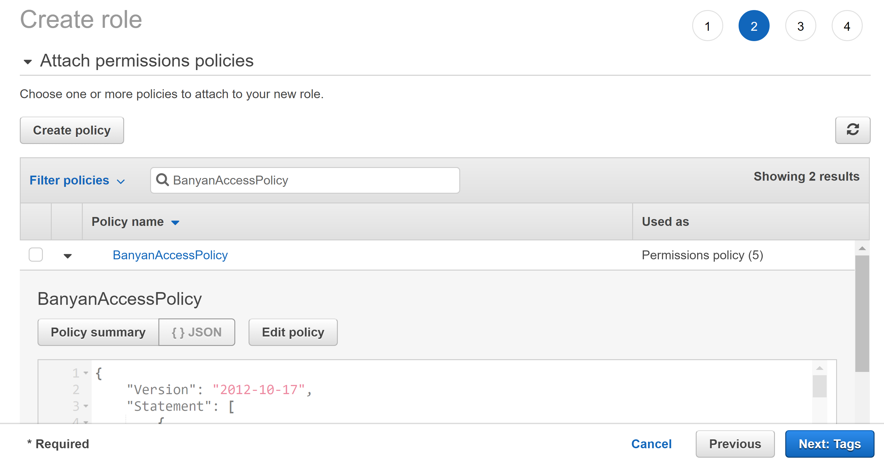 Adding the previously created policy to the AWS IAM role
