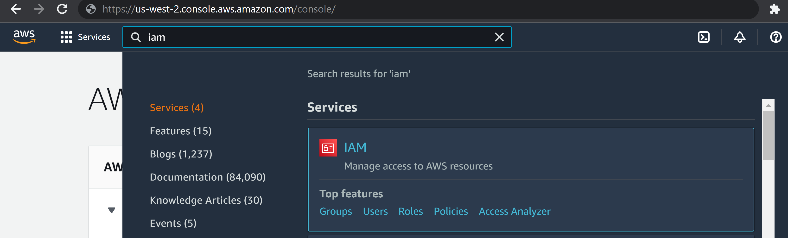 Searching for IAM page on the AWS console