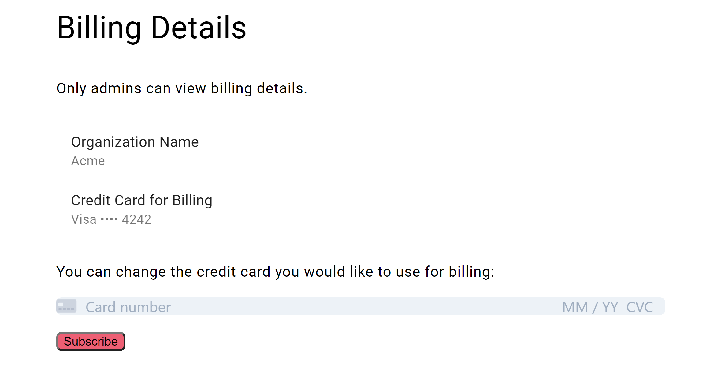 Section on Banyan dashboard to view and update billing info