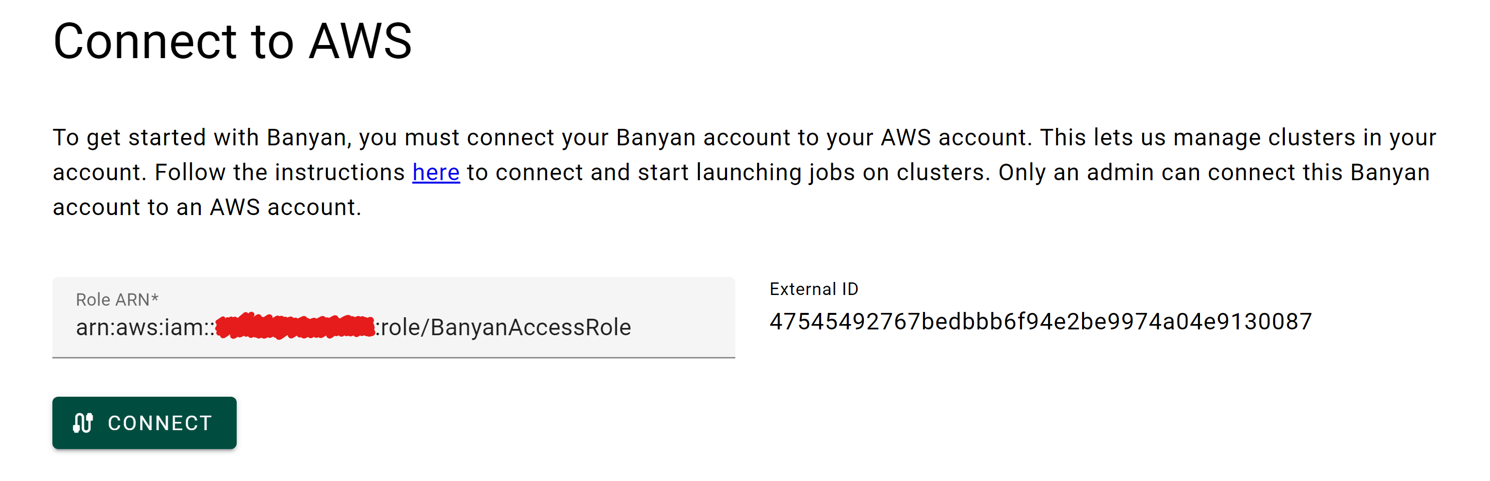 Section on Banyan dashboard to connect to AWS