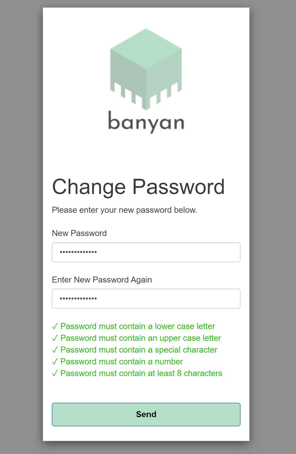 Page to set/reset the account password for Banyan